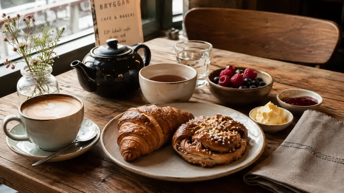 Frukostbord med kaffe, te och nybakat