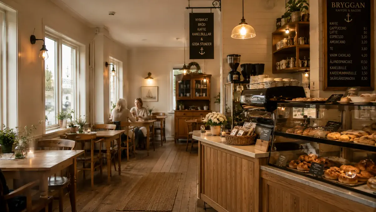 Caféinteriör med trä, disk och varmt ljus