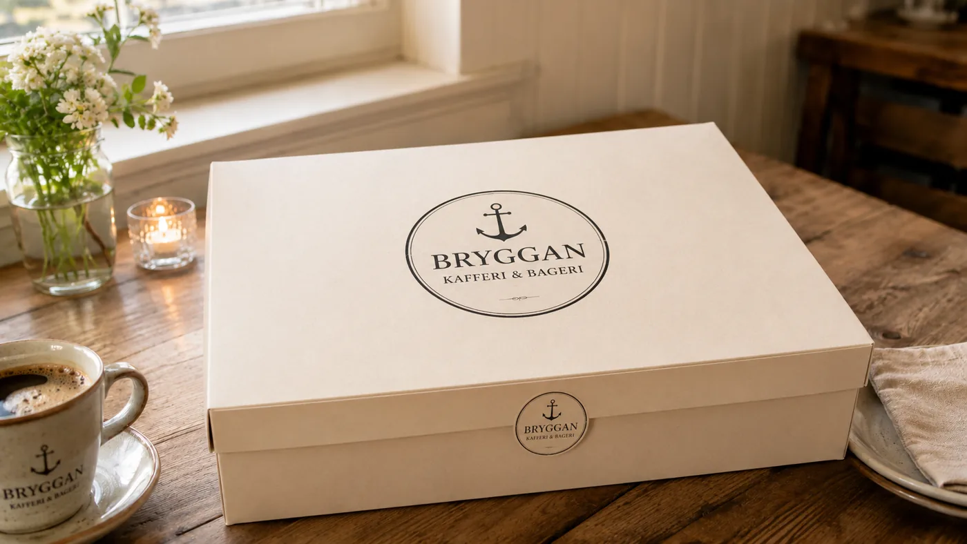 Stängd bakverkslåda från Bryggan, redo att tas med