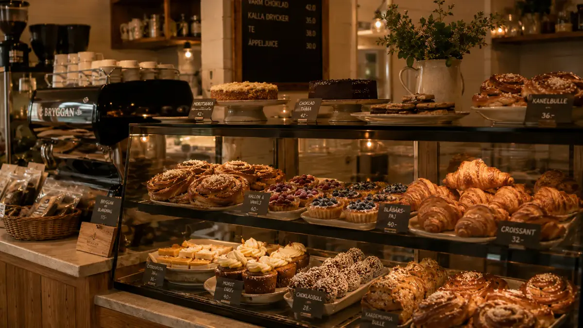Bryggans disk fylld med bullar, croissanter, tårtor och bärtarter